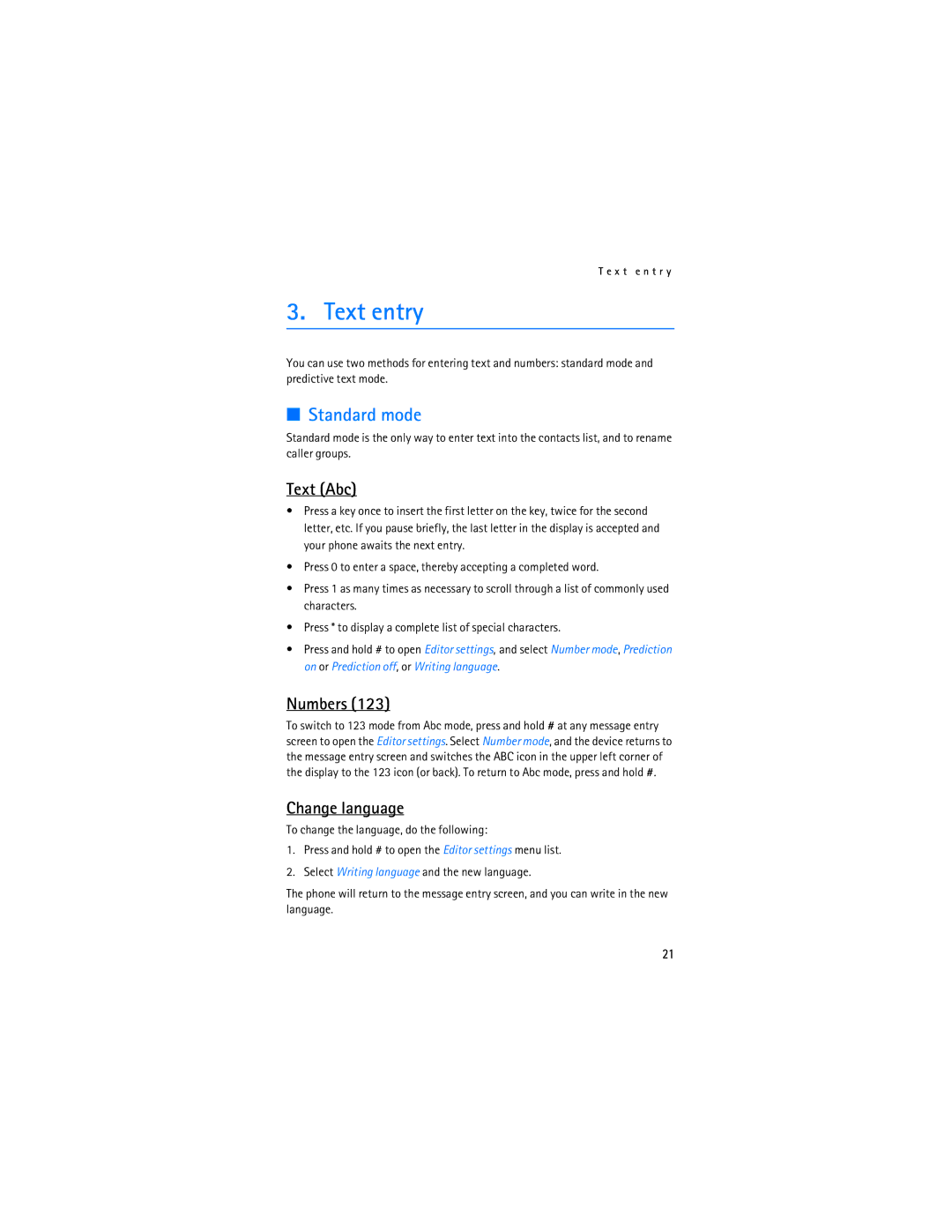 Nokia 2865i manual Text entry, Standard mode, Text Abc, Numbers, Change language 