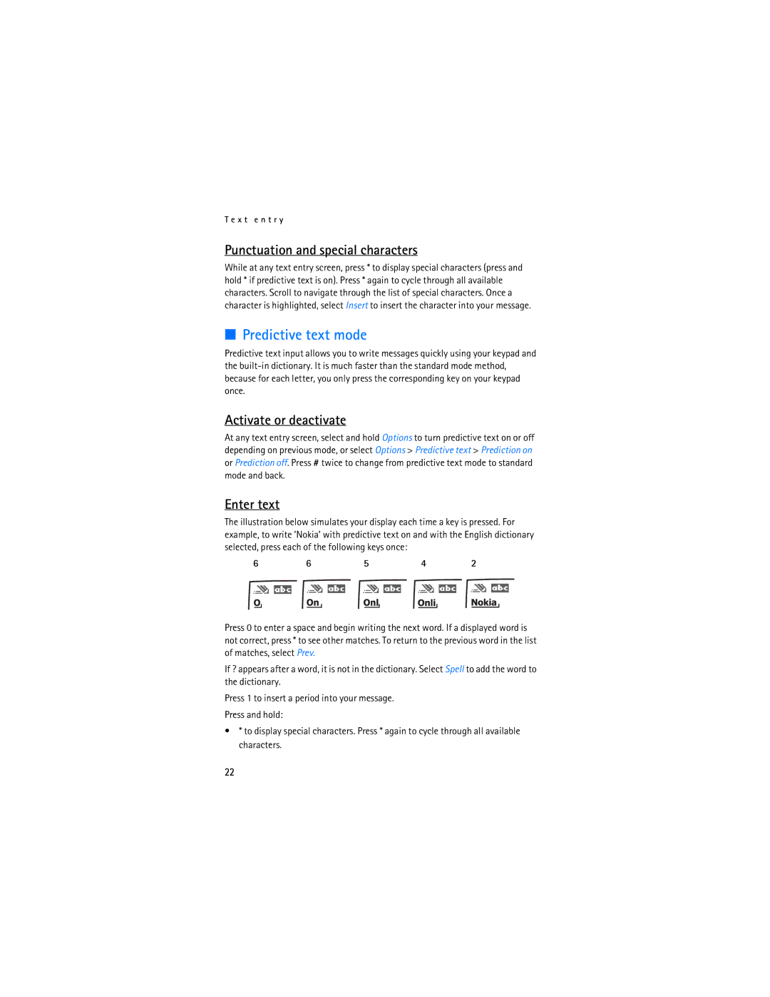 Nokia 2865i manual Predictive text mode, Punctuation and special characters, Activate or deactivate, Enter text 