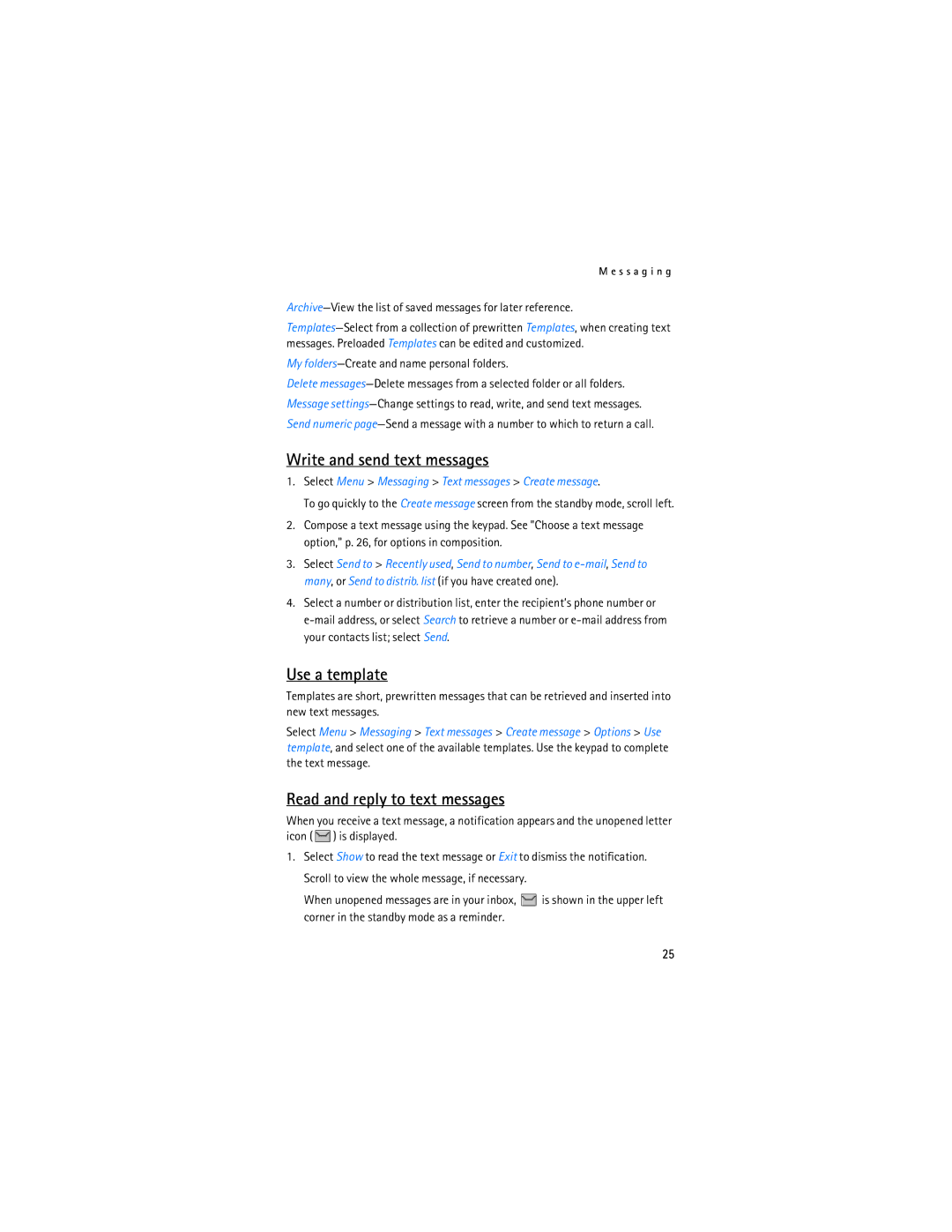 Nokia 2865i manual Write and send text messages, Use a template, Read and reply to text messages 