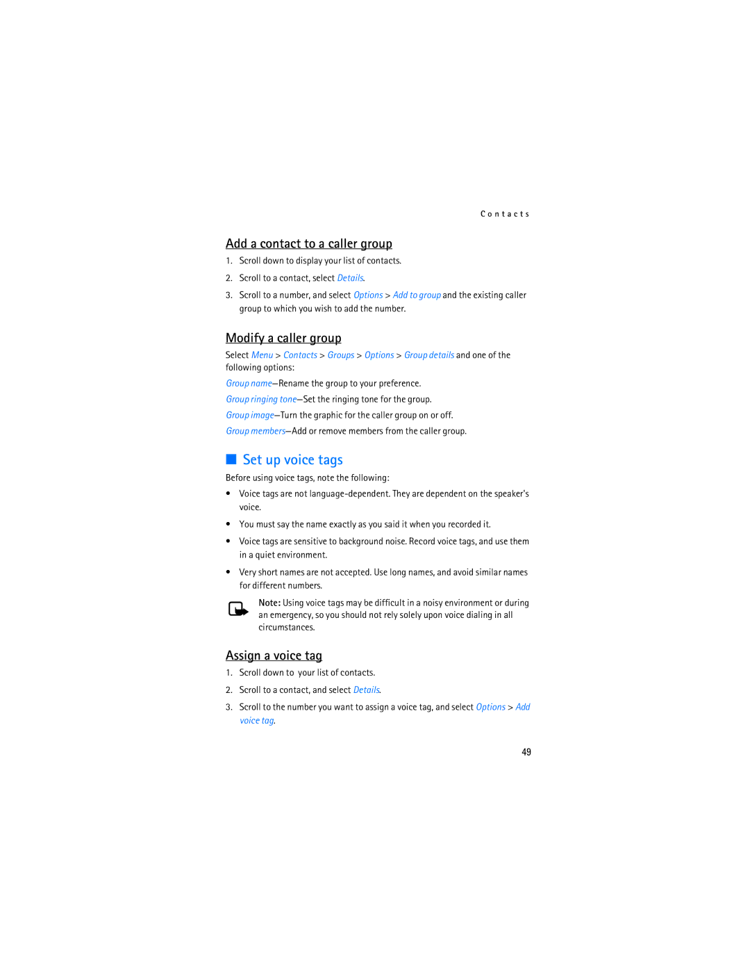 Nokia 2865i manual Set up voice tags, Add a contact to a caller group, Modify a caller group, Assign a voice tag 