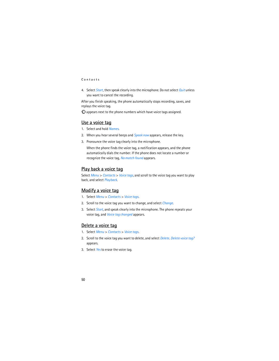 Nokia 2865 Use a voice tag, Play back a voice tag, Modify a voice tag, Delete a voice tag, Select Menu Contacts Voice tags 