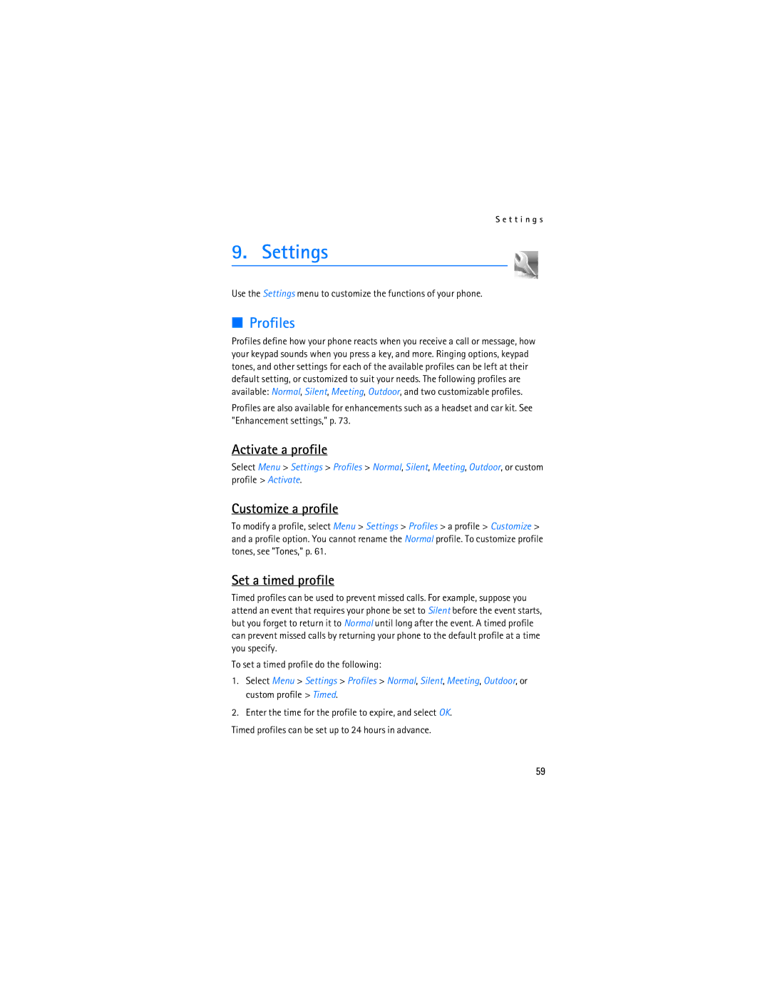 Nokia 2865i manual Settings, Profiles, Activate a profile, Customize a profile, Set a timed profile 