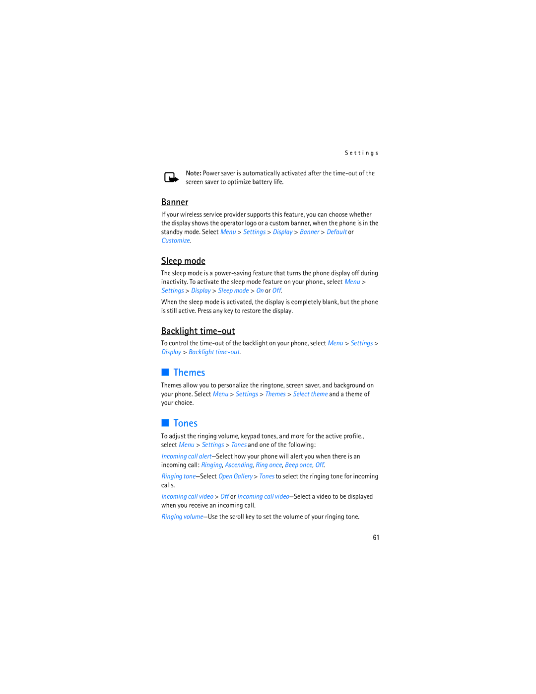 Nokia 2865i manual Themes, Tones, Banner, Sleep mode, Backlight time-out 