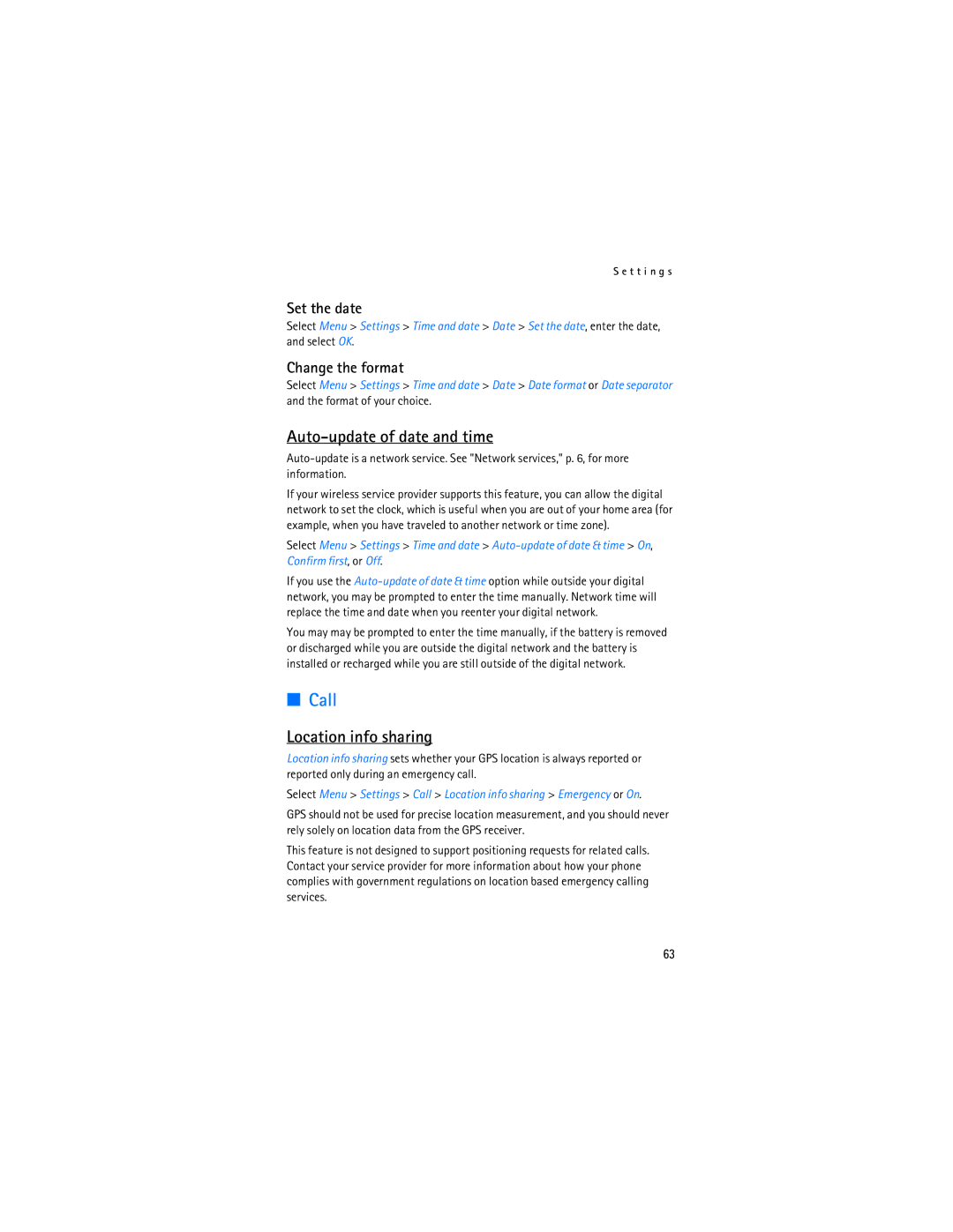 Nokia 2865i manual Call, Auto-update of date and time, Location info sharing, Set the date 