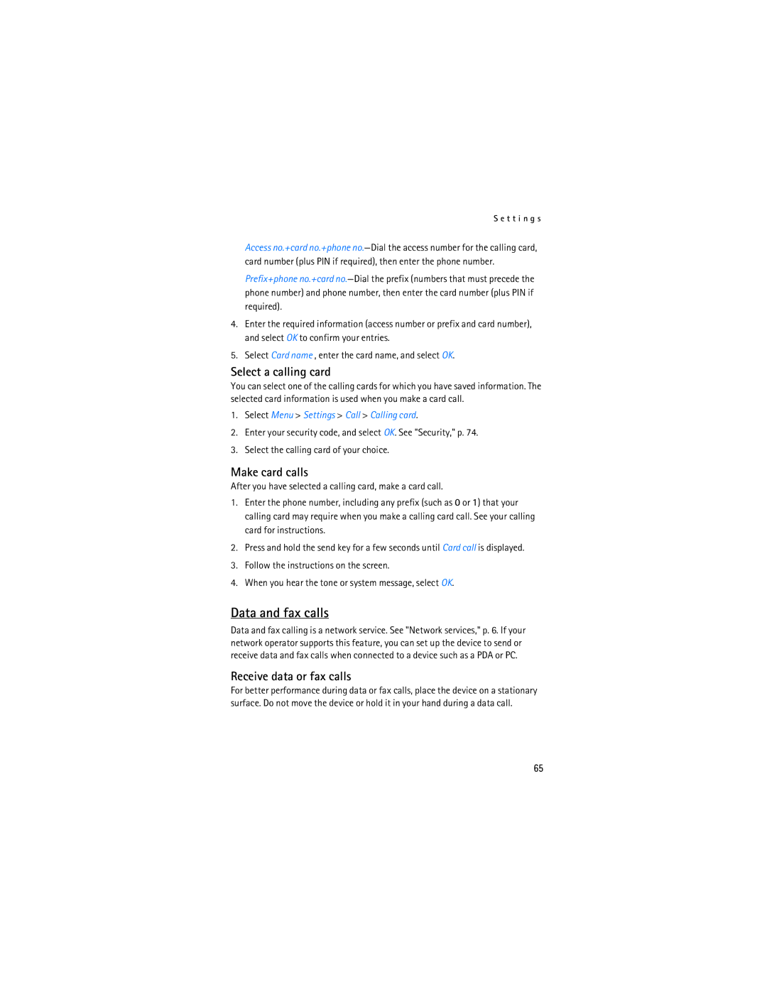 Nokia 2865i manual Data and fax calls, Select a calling card, Make card calls, Receive data or fax calls 