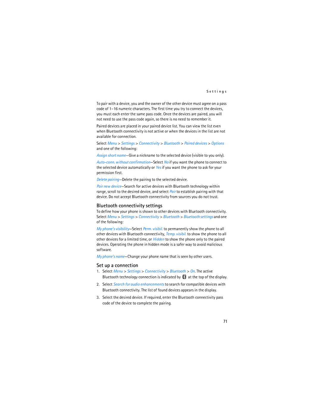 Nokia 2865i Bluetooth connectivity settings, Set up a connection, Delete pairing-Delete the pairing to the selected device 