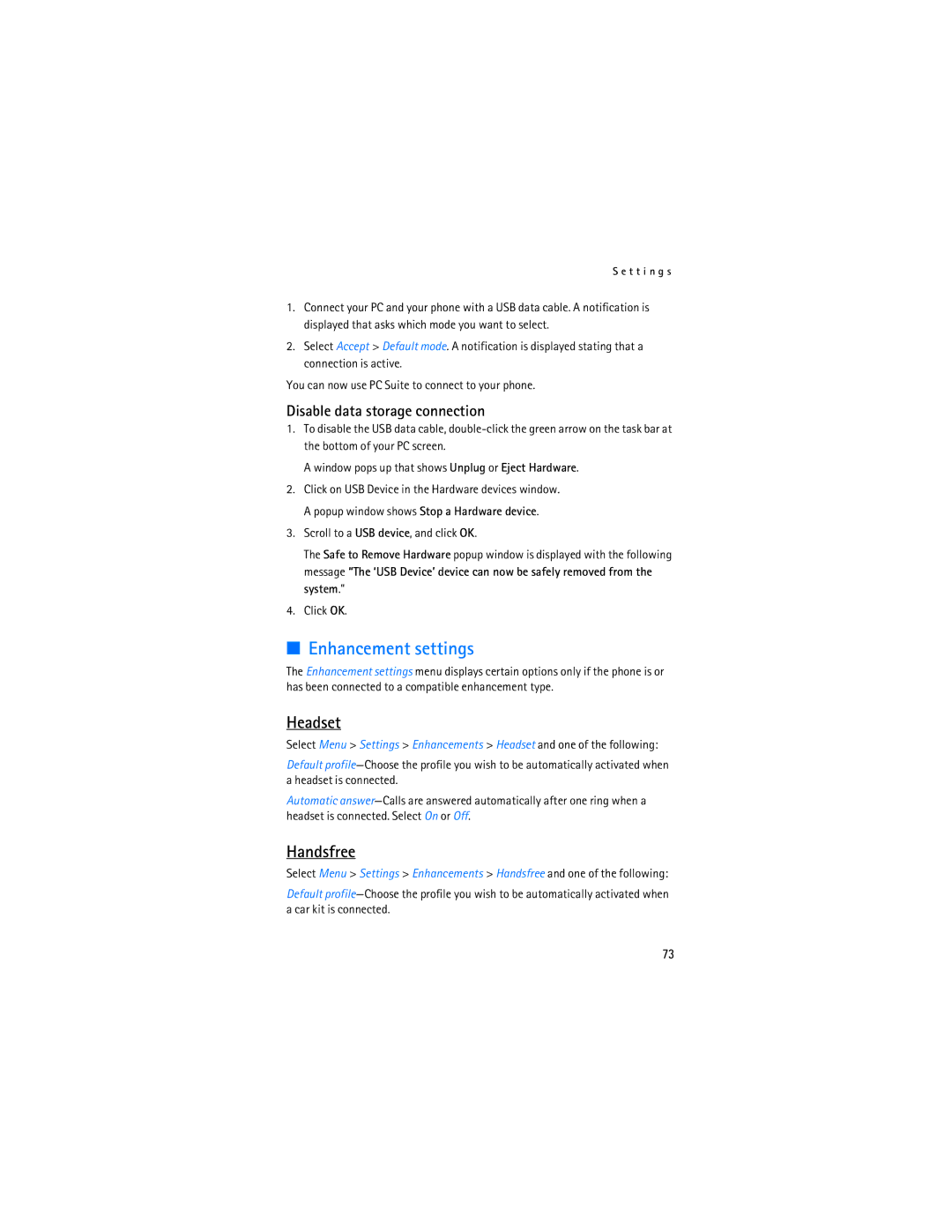 Nokia 2865i manual Enhancement settings, Headset, Handsfree, Disable data storage connection 