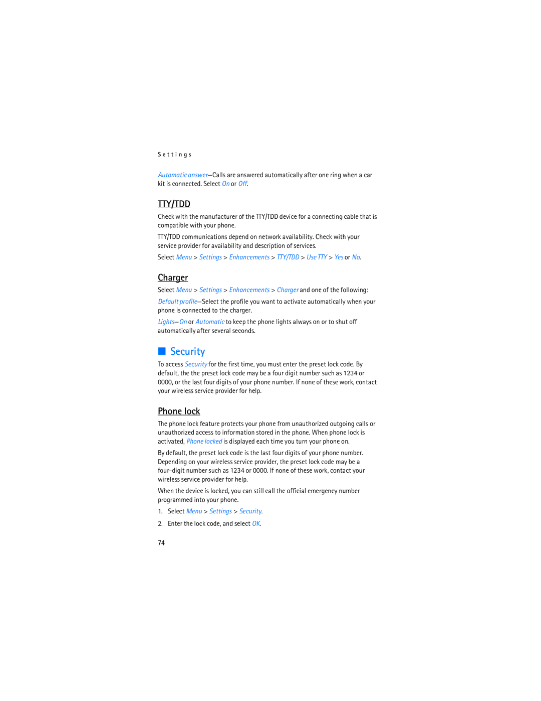 Nokia 2865i manual Security, Charger, Phone lock, Select Menu Settings Enhancements TTY/TDD Use TTY Yes or No 