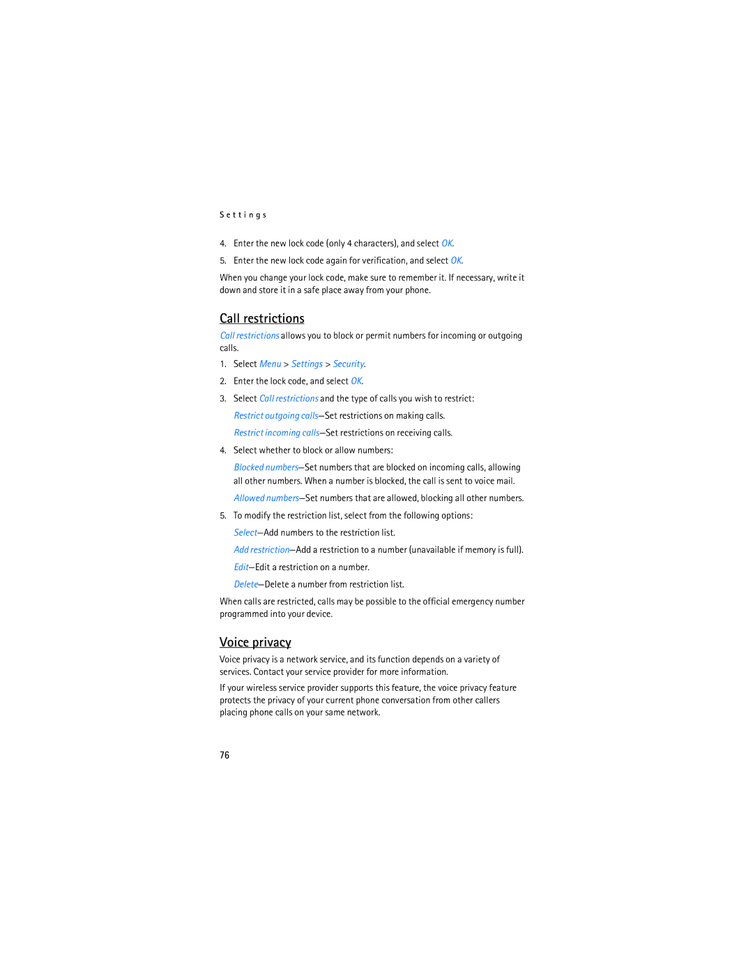 Nokia 2865i manual Call restrictions, Voice privacy, Select whether to block or allow numbers 