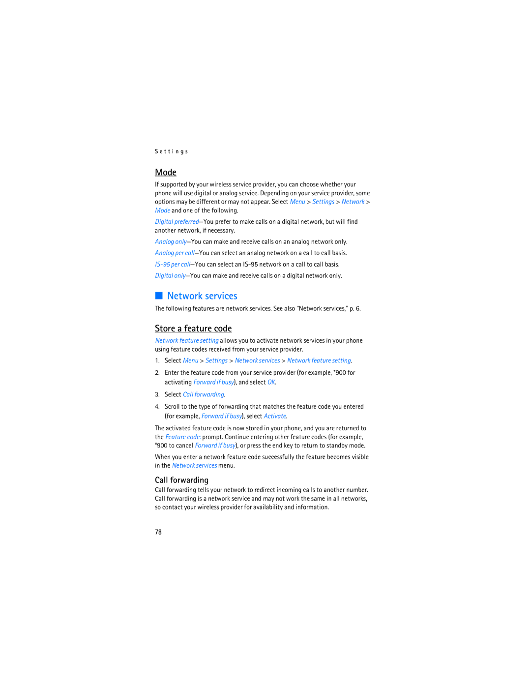 Nokia 2865i manual Network services, Mode, Store a feature code, Select Call forwarding 