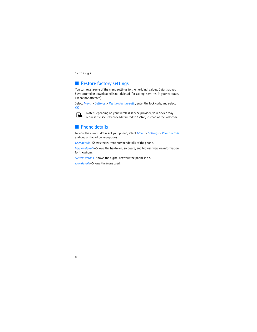 Nokia 2865i manual Restore factory settings, Phone details 