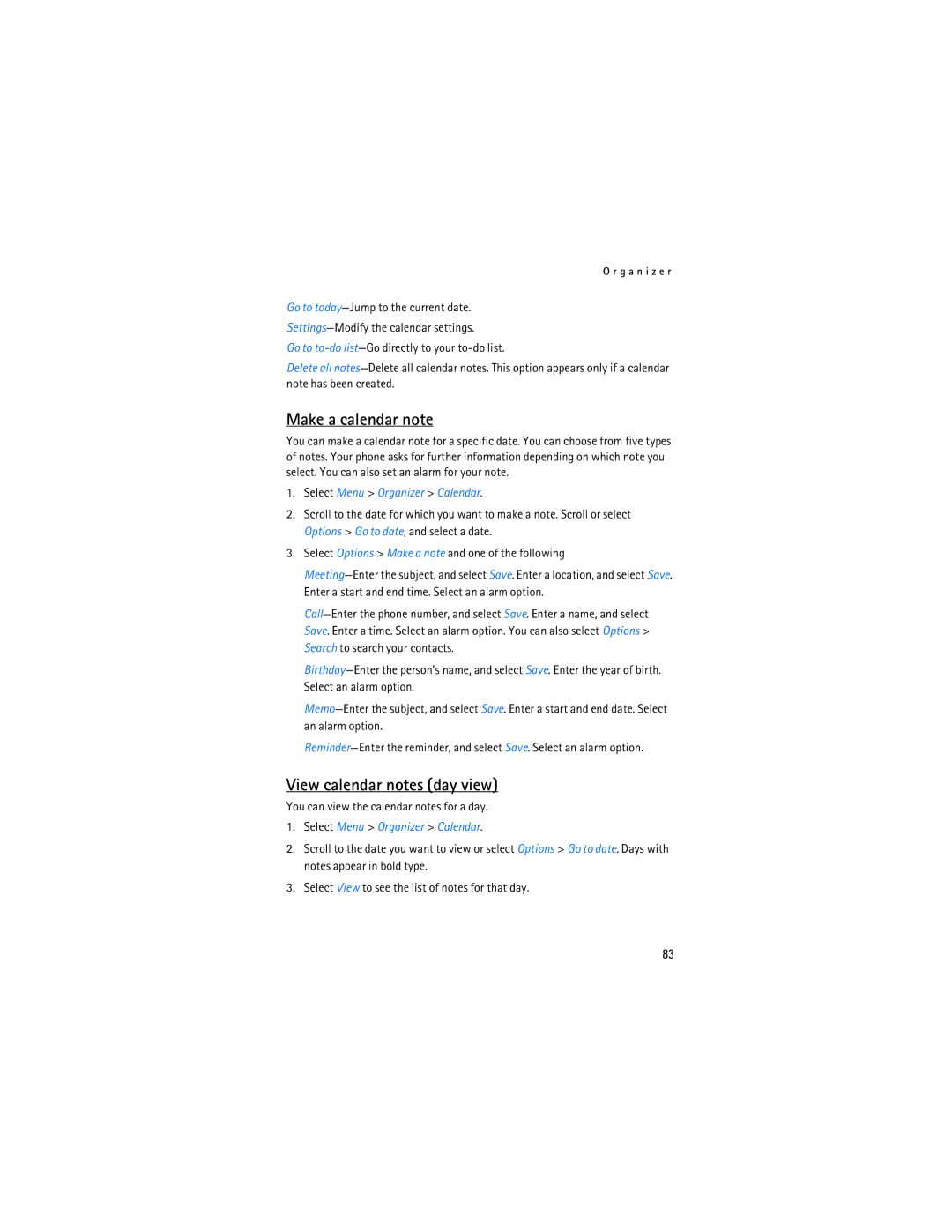 Nokia 2865i manual Make a calendar note, View calendar notes day view, You can view the calendar notes for a day 