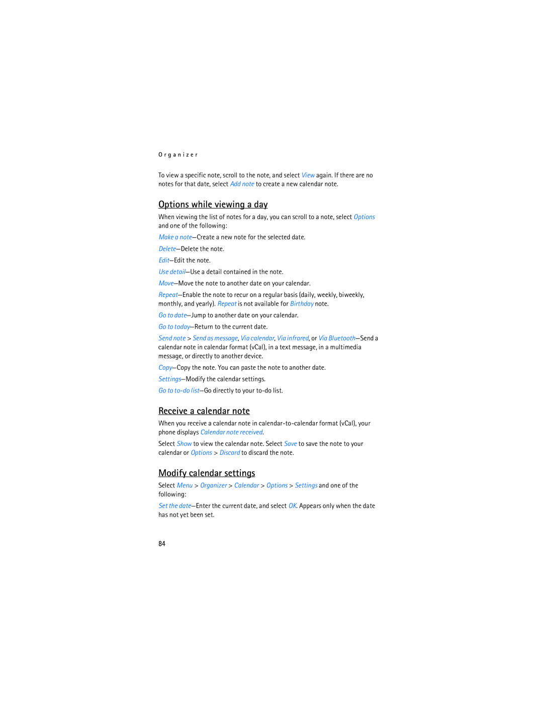 Nokia 2865i manual Options while viewing a day, Receive a calendar note, Modify calendar settings 