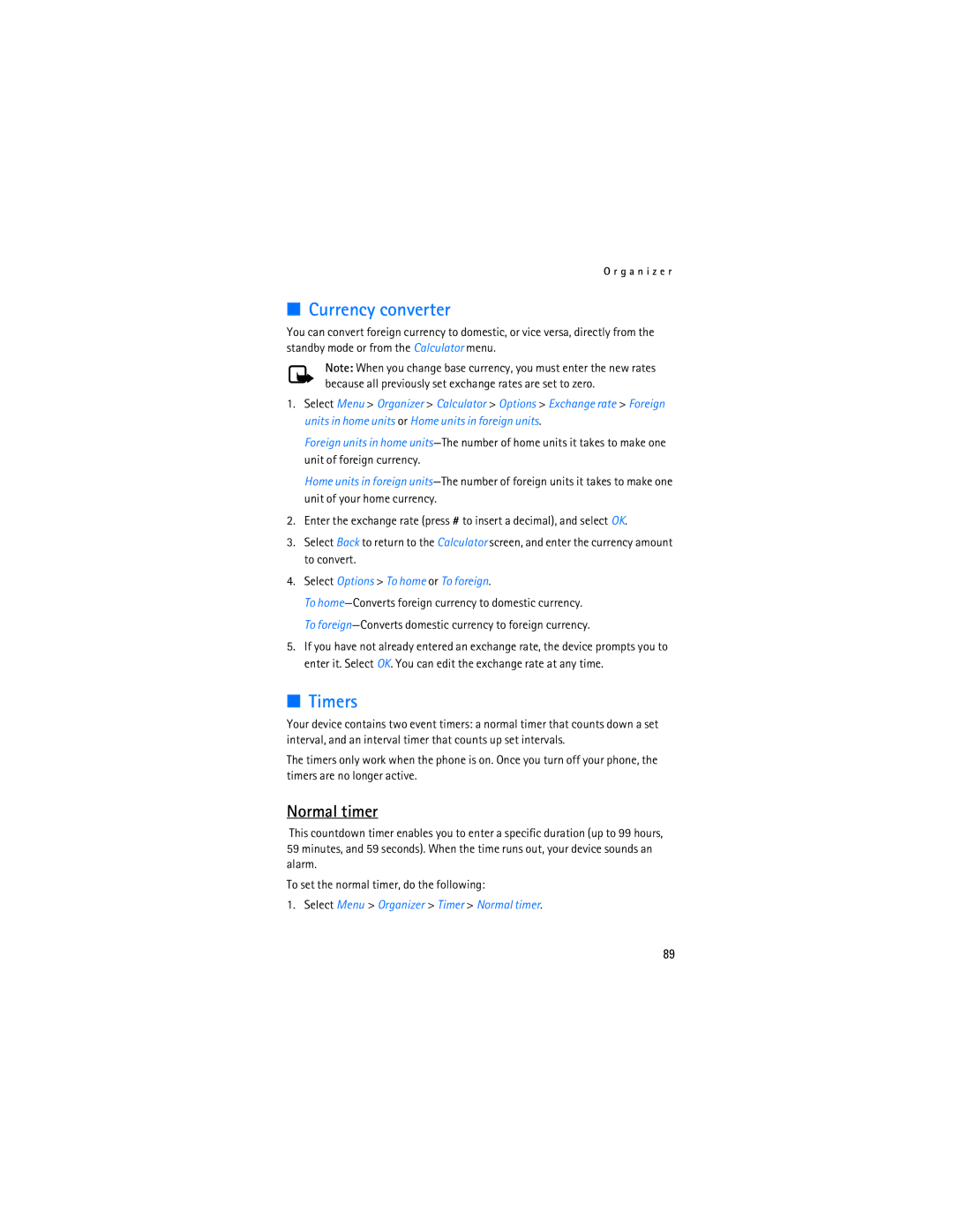 Nokia 2865i manual Currency converter, Timers, Normal timer, Select Options To home or To foreign 
