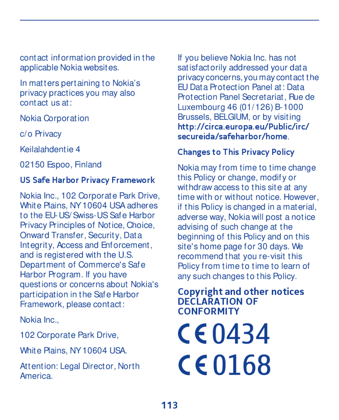 Nokia 300 manual Copyright and other notices, 113, US Safe Harbor Privacy Framework, Changes to This Privacy Policy 