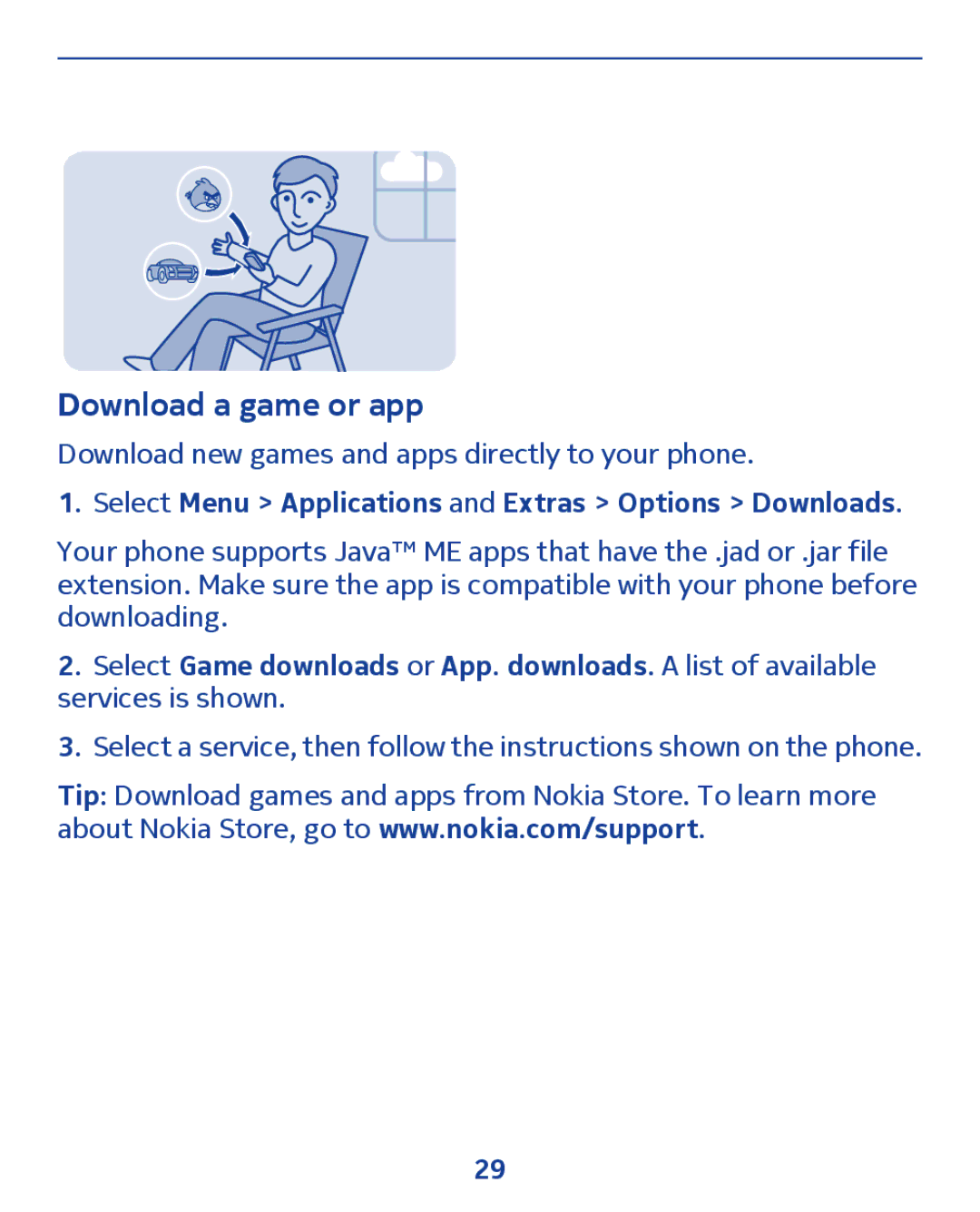 Nokia 300 manual Download a game or app, Select Menu Applications and Extras Options Downloads 