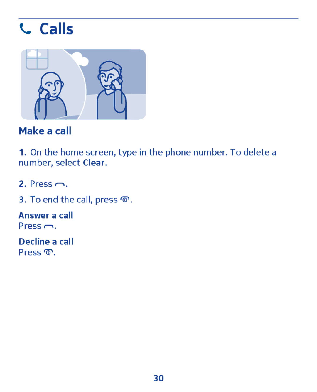 Nokia 300 manual Calls, Make a call, Answer a call, Decline a call 