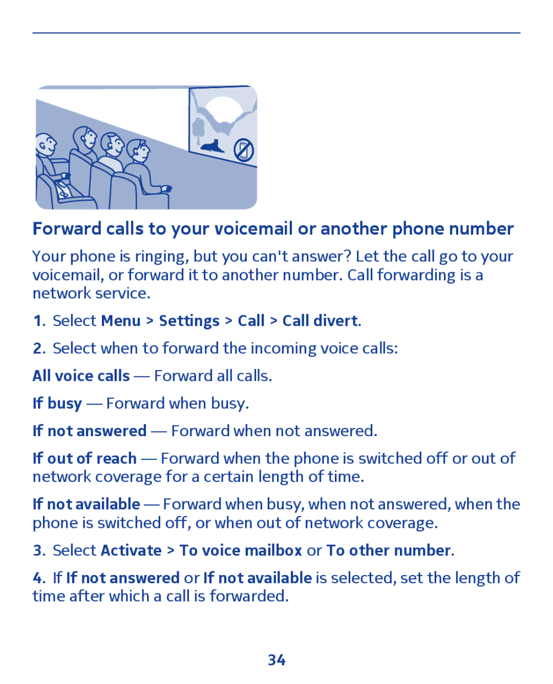Nokia 300 manual Select Menu Settings Call Call divert, Select Activate To voice mailbox or To other number 