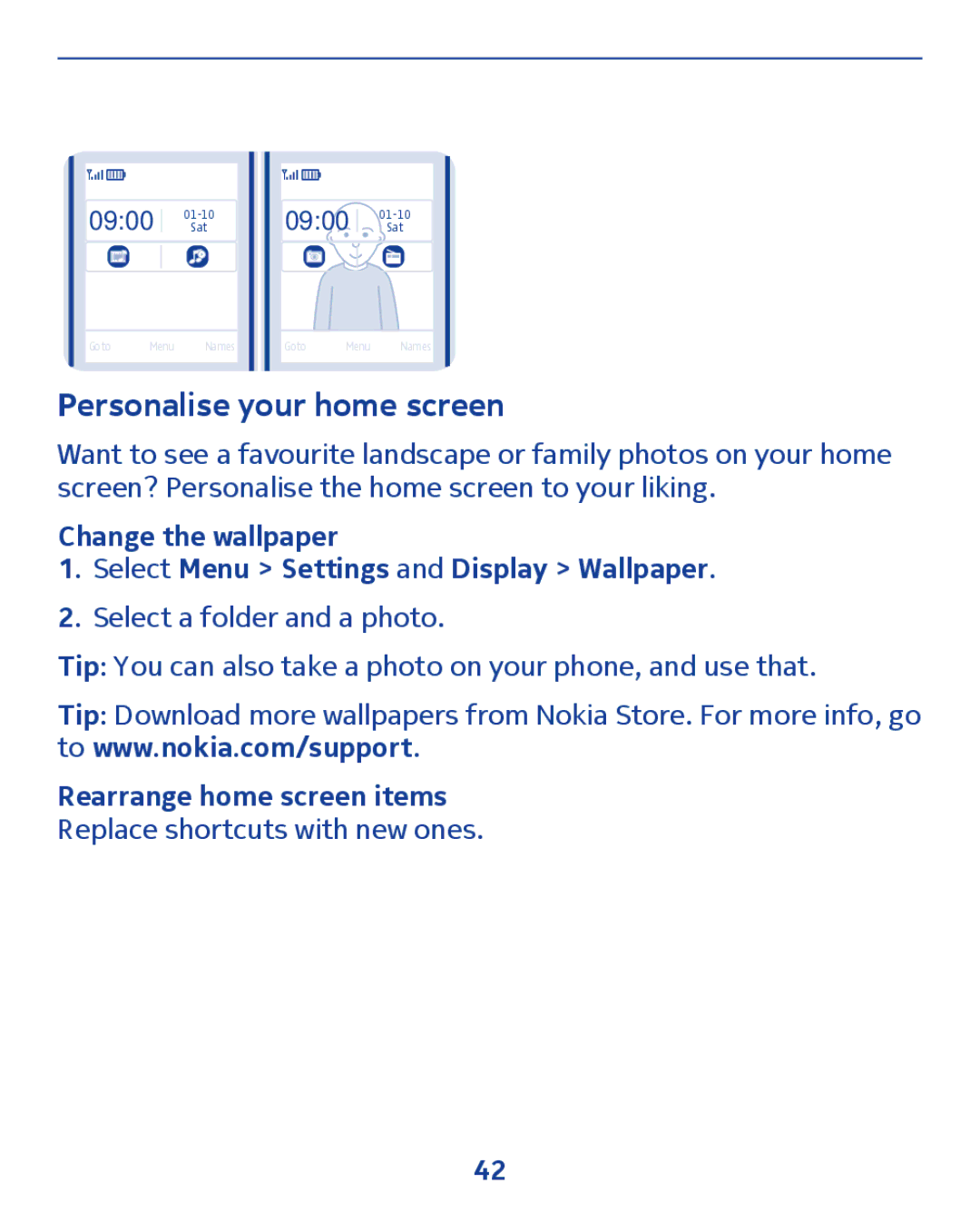 Nokia 300 manual Personalise your home screen, Rearrange home screen items Replace shortcuts with new ones 