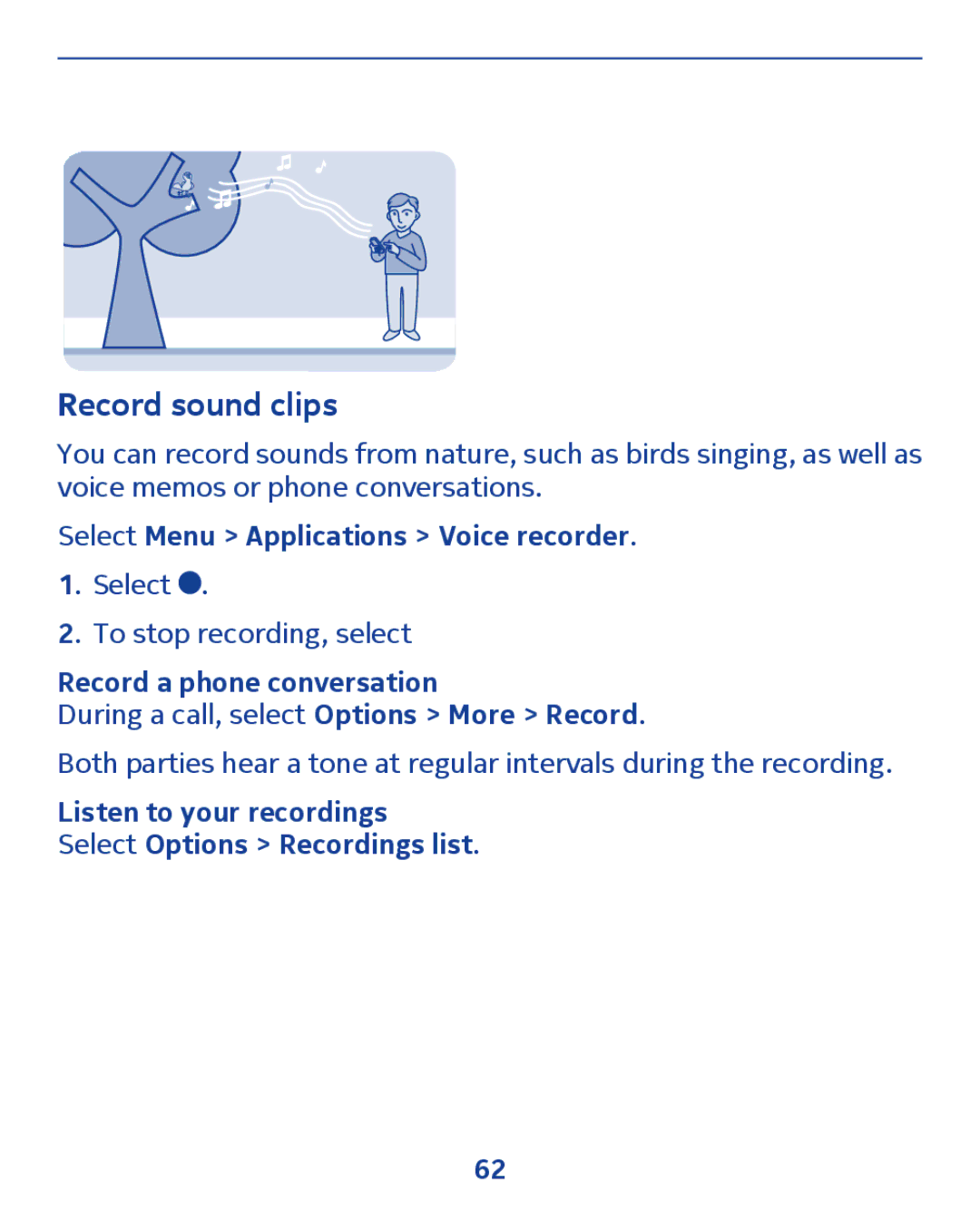Nokia 300 manual Record sound clips, Select Menu Applications Voice recorder, Record a phone conversation 