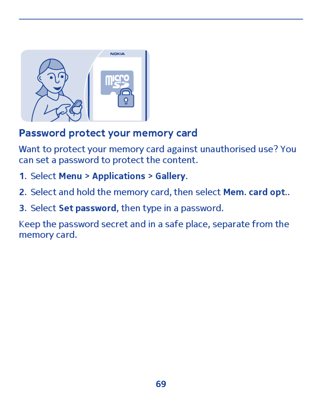 Nokia 300 manual Password protect your memory card, Select Menu Applications Gallery 