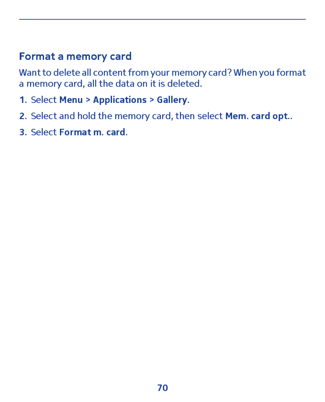 Nokia 300 manual Format a memory card, Select Format m. card 