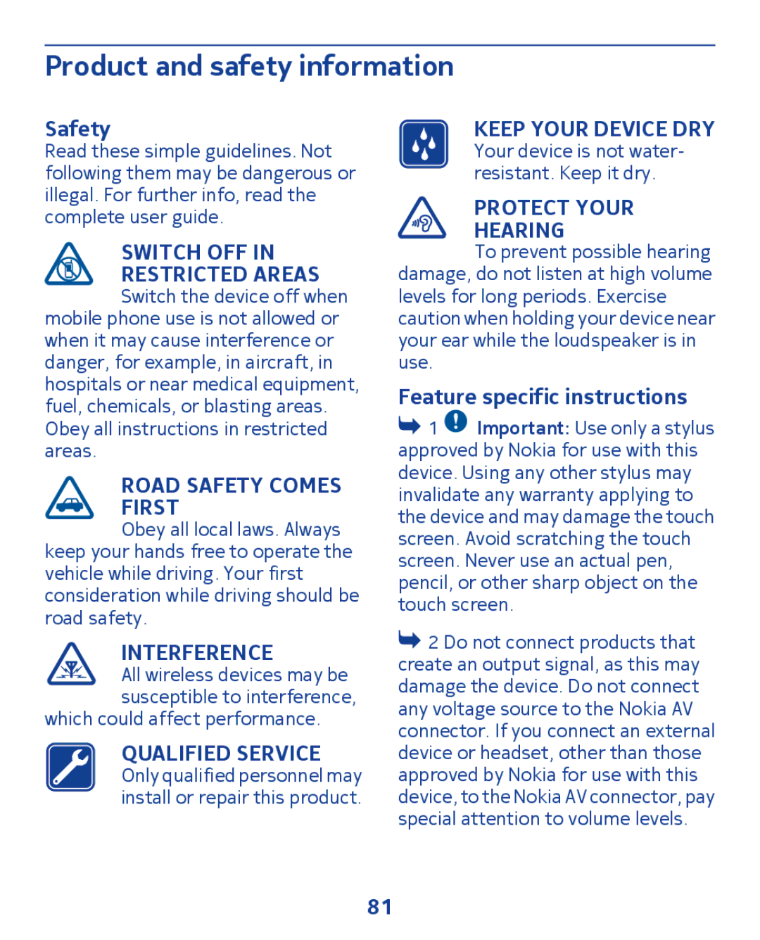 Nokia 300 manual Safety, Feature specific instructions 