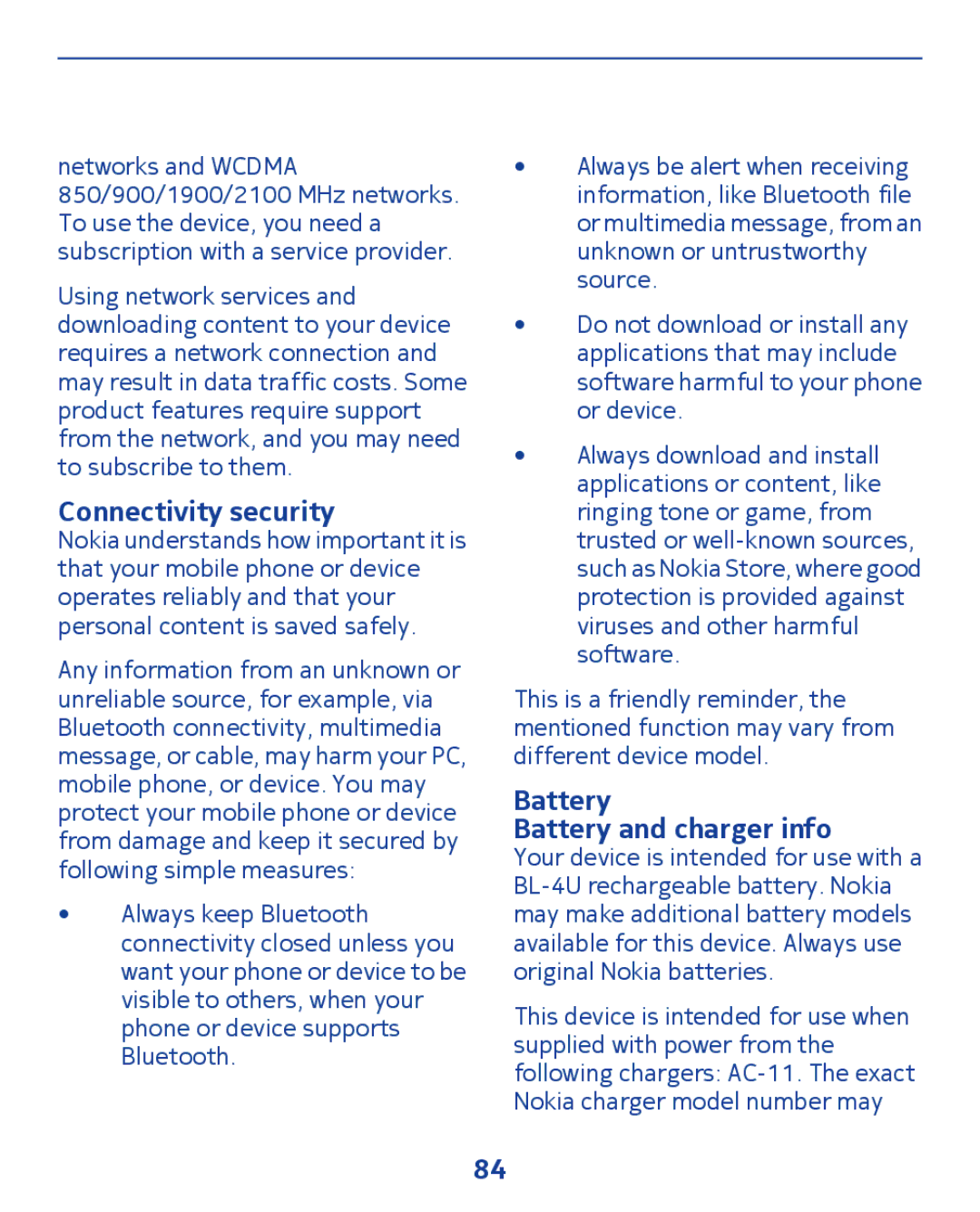 Nokia 300 manual Connectivity security, Battery Battery and charger info 