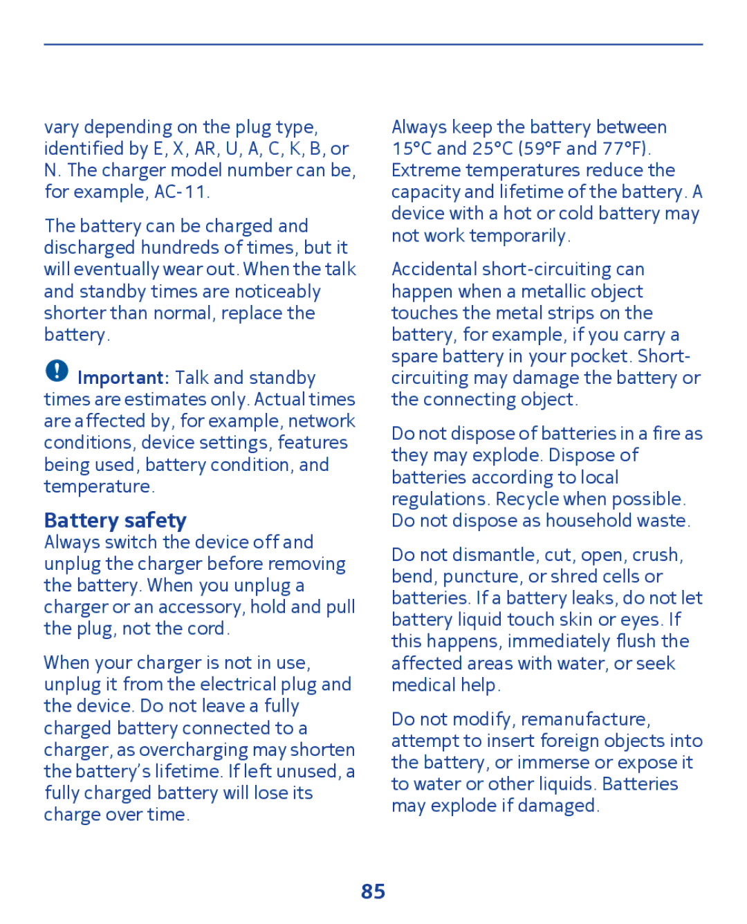 Nokia 300 manual Battery safety 