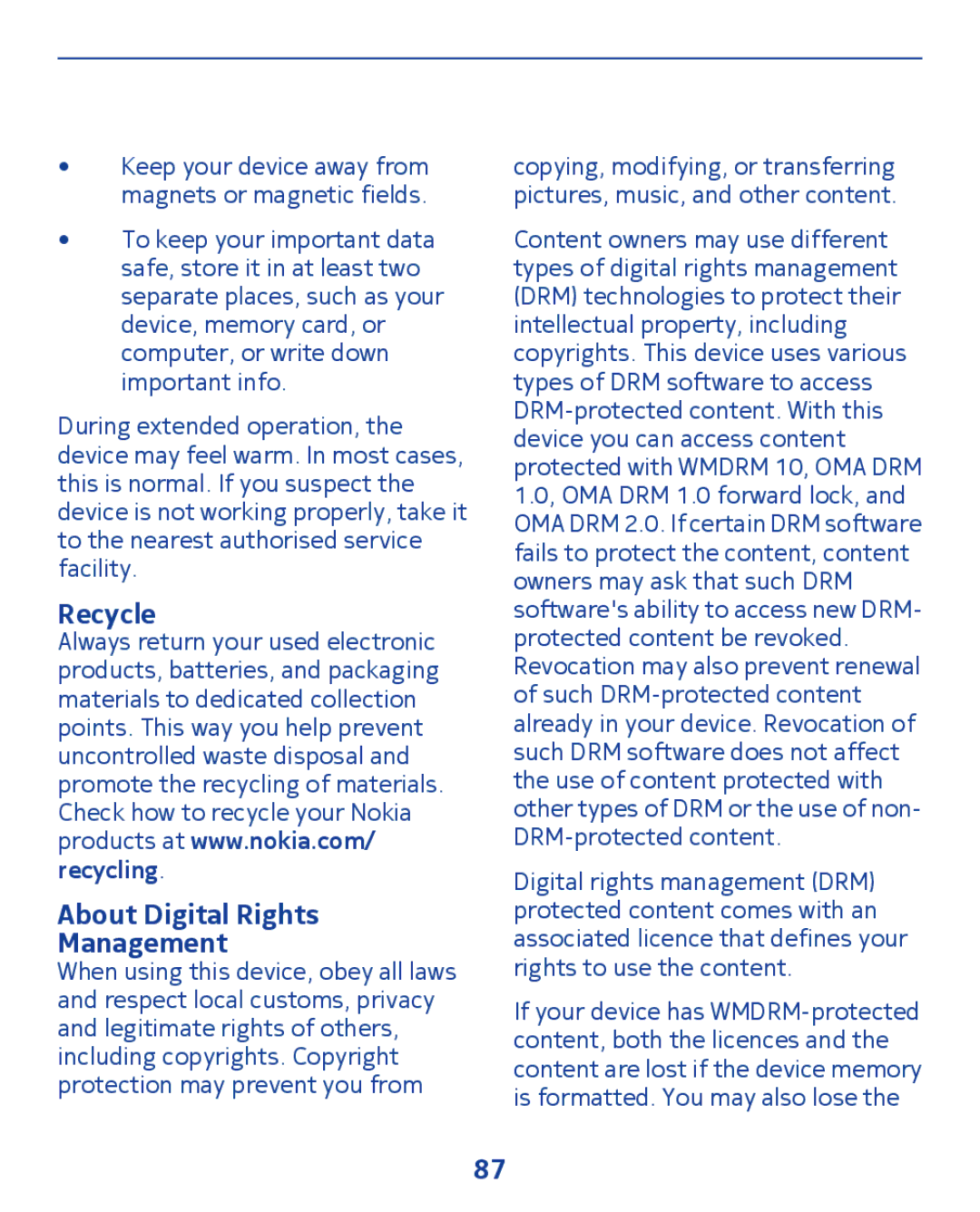 Nokia 300 manual Recycle About Digital Rights Management 