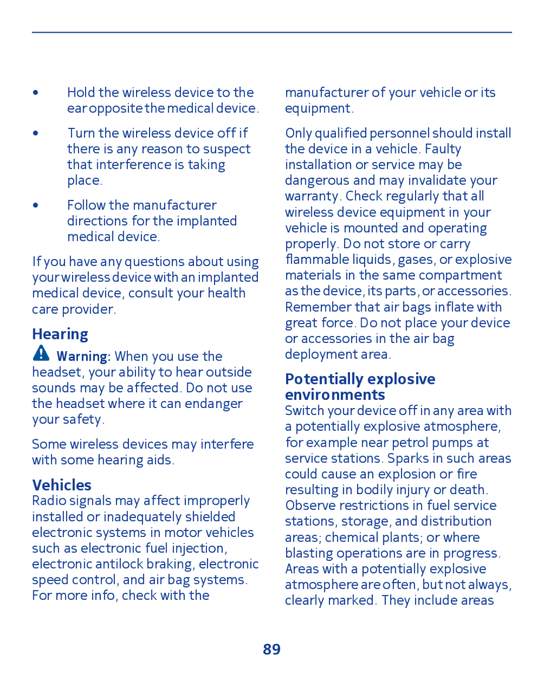 Nokia 300 manual Hearing, Vehicles, Potentially explosive environments 