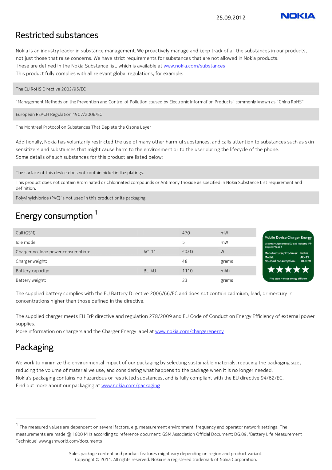 Nokia 309 dimensions Restricted substances, Energy consumption, Packaging 