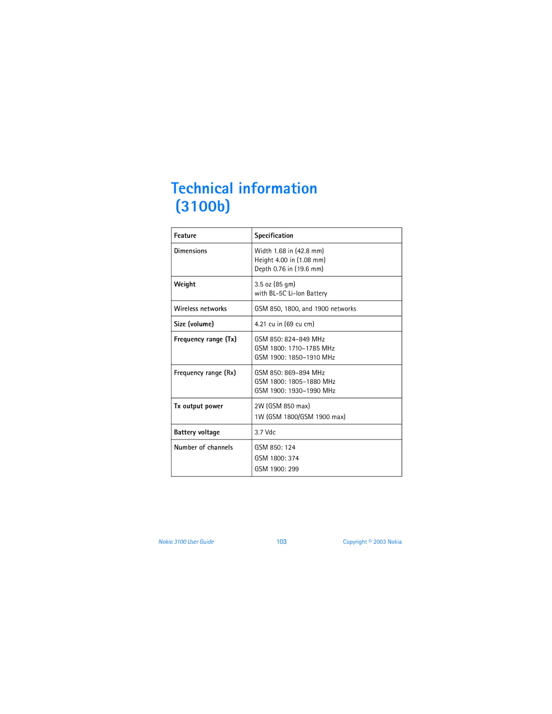 Nokia 3100b warranty GSM 850, 1800, and 1900 networks, GSM 850 824-849 MHz, GSM 850 869-894 MHz, 2W GSM 850 max 