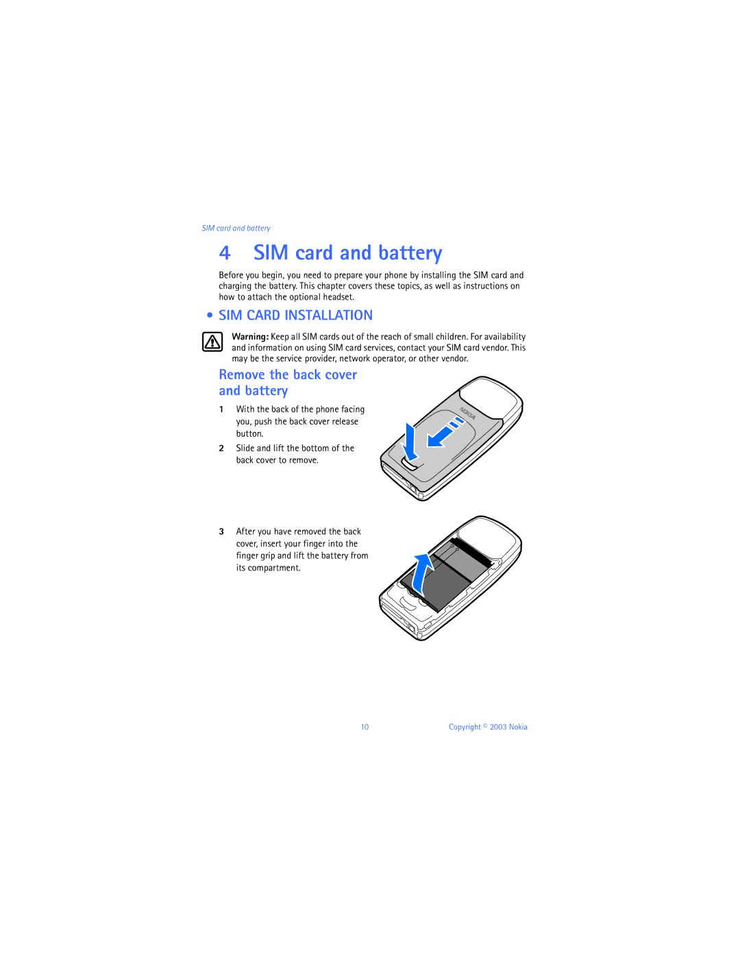 Nokia 3100b warranty SIM card and battery, SIM Card Installation, Remove the back cover and battery 