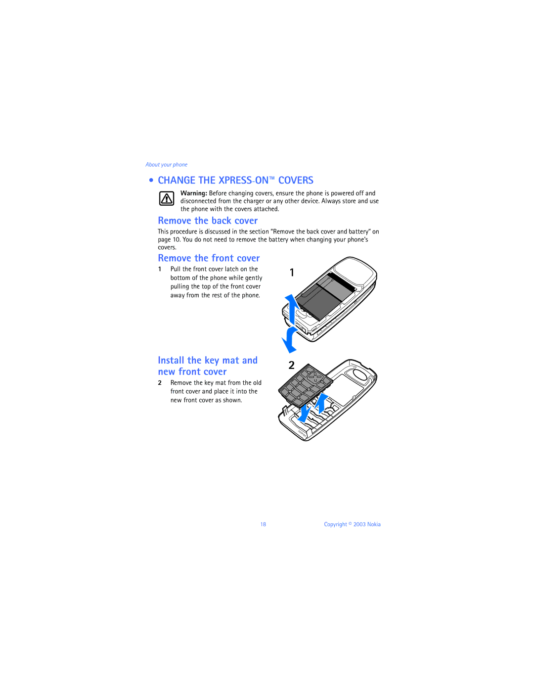 Nokia 3100b warranty Change the XPRESS-ON Covers, Remove the back cover, Remove the front cover 