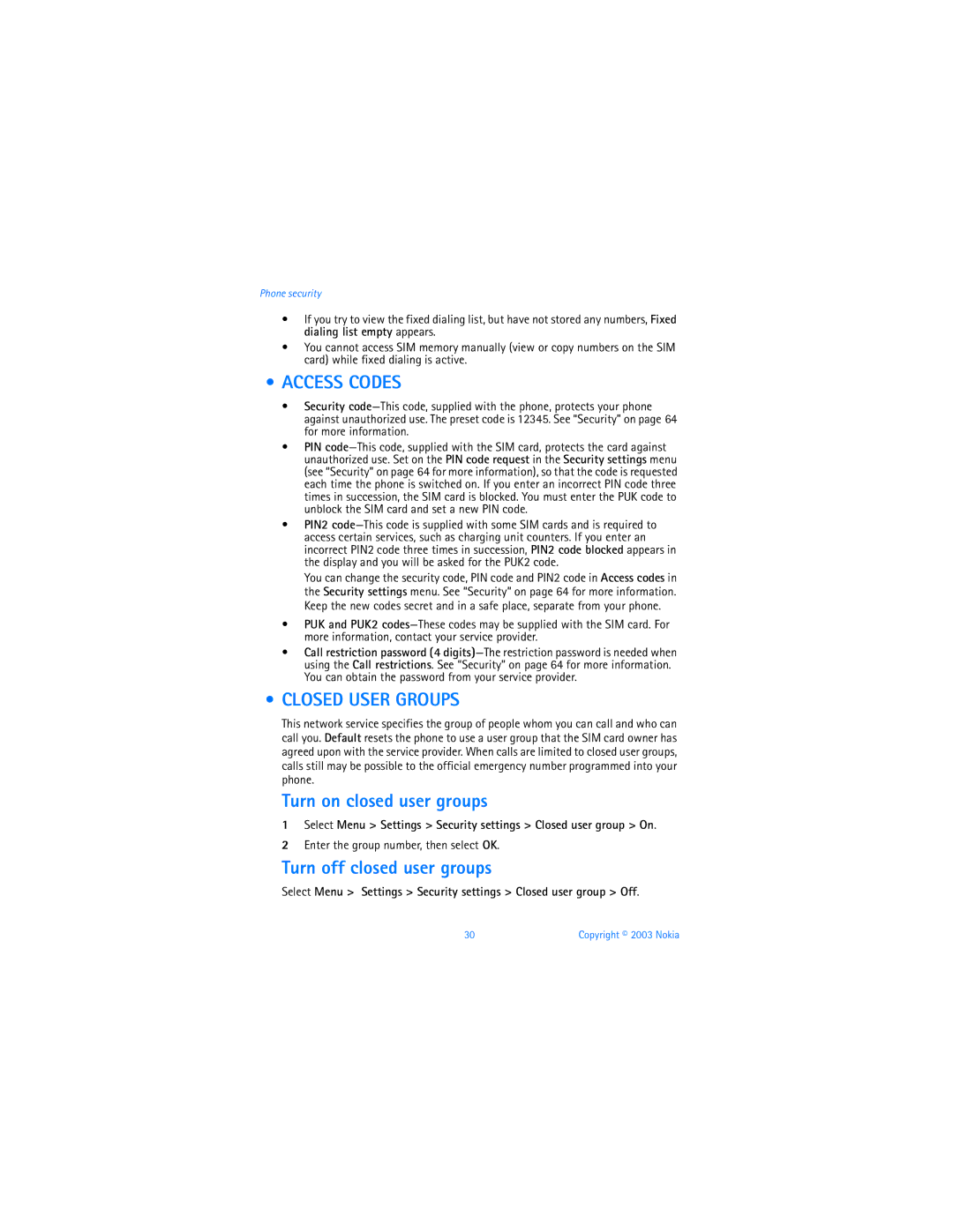 Nokia 3100b warranty Access Codes, Closed User Groups, Turn on closed user groups, Turn off closed user groups 