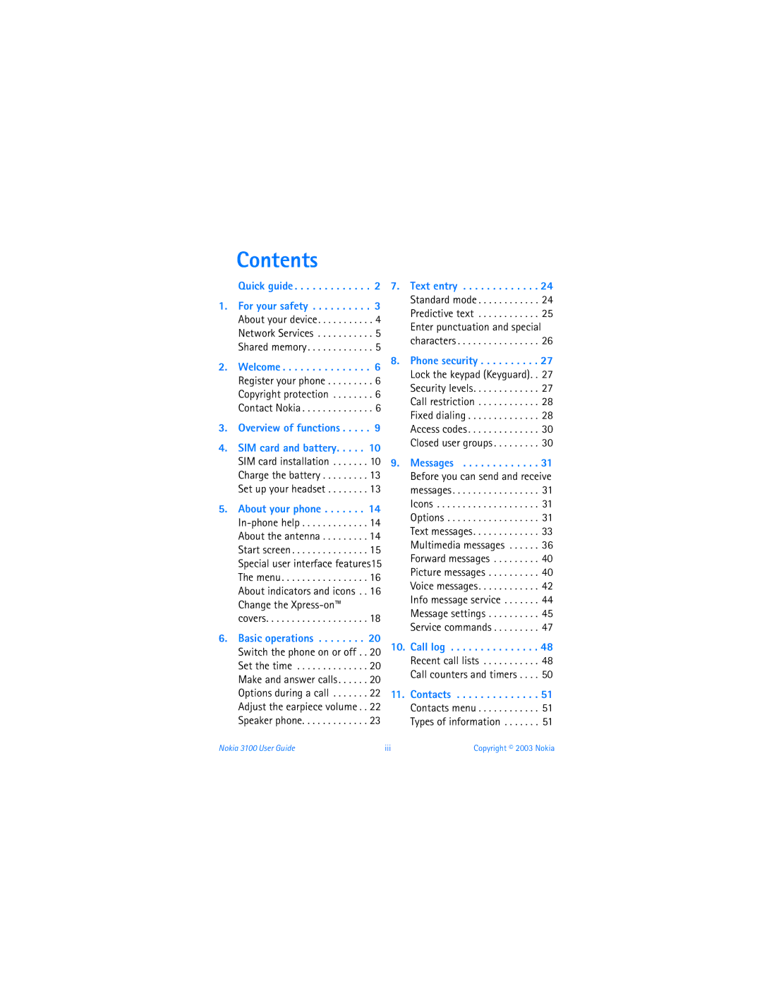 Nokia 3100b warranty Contents 