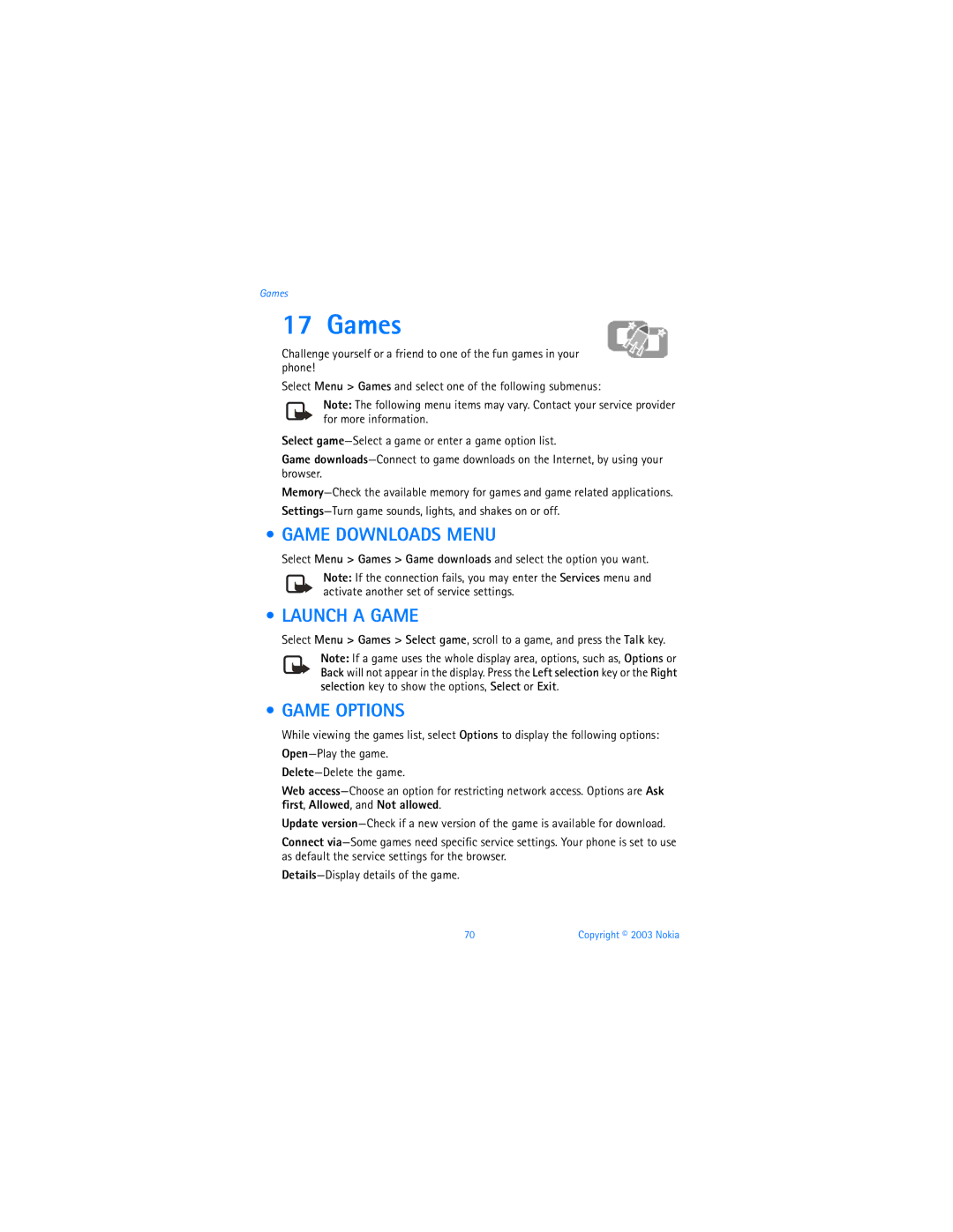 Nokia 3100b warranty Games, Game Downloads Menu, Launch a Game, Game Options 