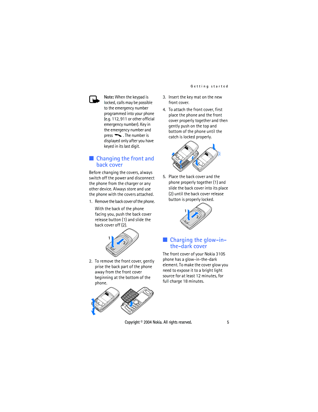 Nokia 3105 manual Changing the front and back cover, Insert the key mat on the new front cover 