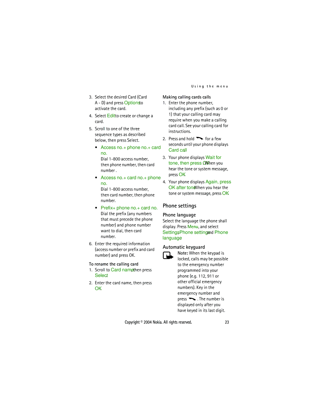 Nokia 3105 Phone settings, Phone language, Automatic keyguard, To rename the calling card, Making calling cards calls 