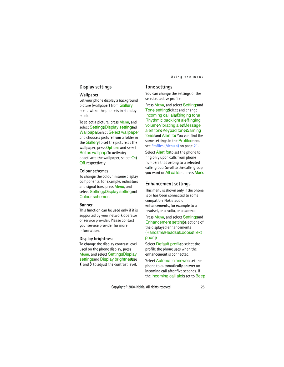 Nokia 3105 manual Display settings, Tone settings, Enhancement settings 