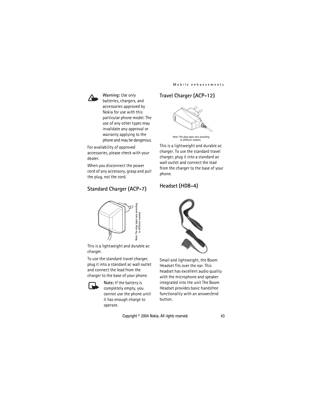 Nokia 3105 manual Travel Charger ACP-12, Standard Charger ACP-7 Headset HDB-4, This is a lightweight and durable ac charger 