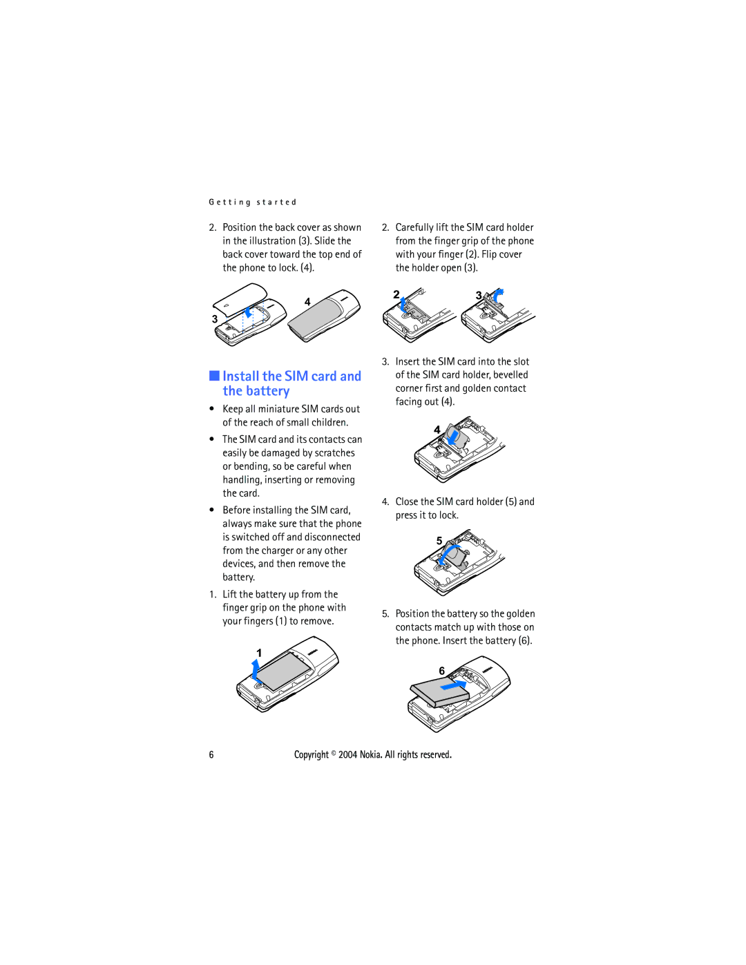 Nokia 3108 manual Install the SIM card and the battery, Close the SIM card holder 5 and press it to lock 