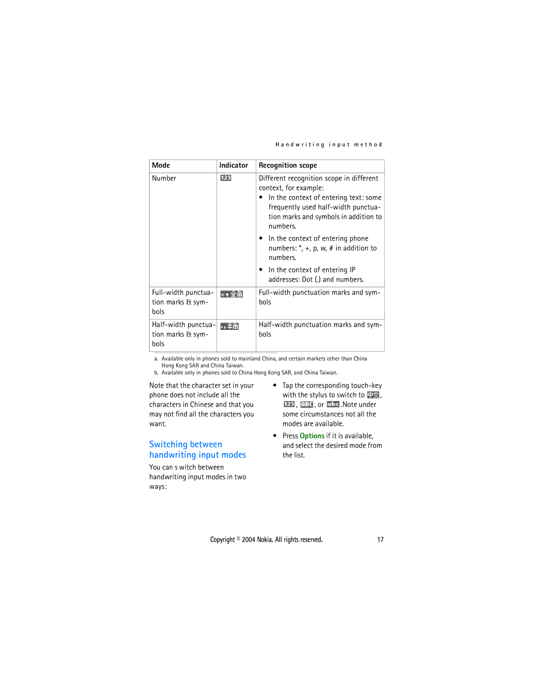 Nokia 3108 manual Switching between handwriting input modes 