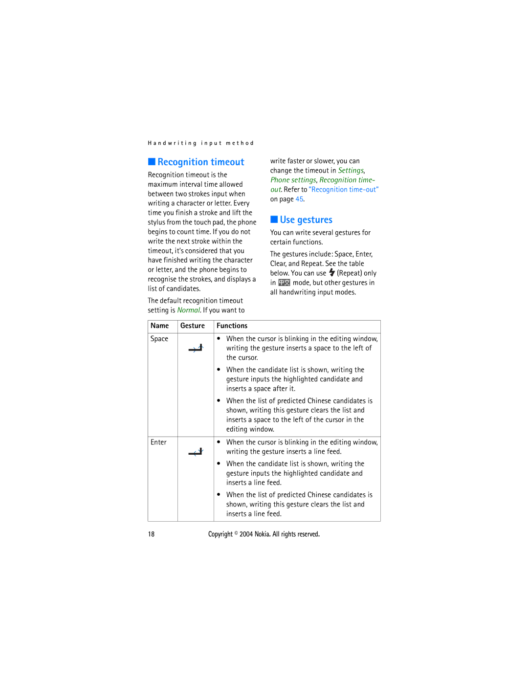 Nokia 3108 manual Recognition timeout, Use gestures, Name Gesture Functions Space, Cursor 