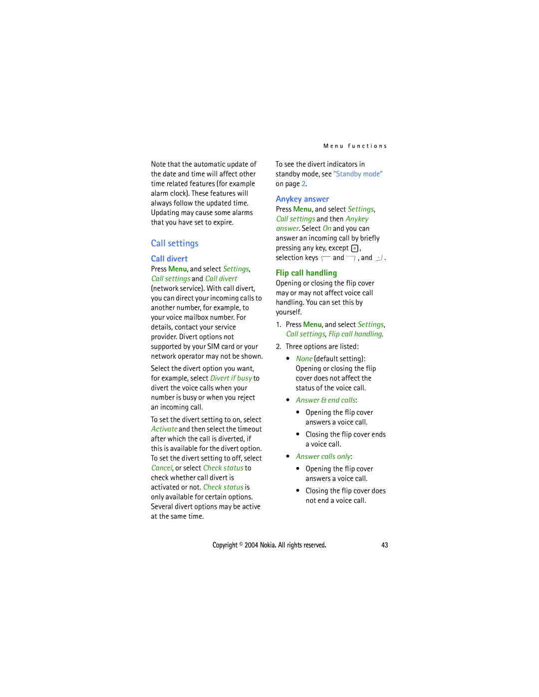 Nokia 3108 manual Call settings, Call divert, Anykey answer, Answer & end calls, Answer calls only 