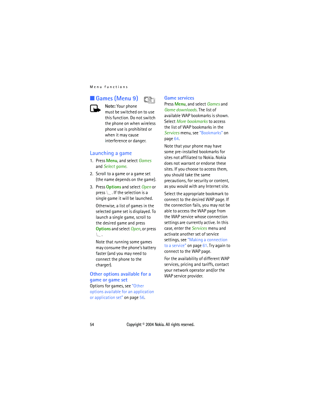 Nokia 3108 manual Games Menu, Launching a game, Other options available for a game or game set, Game services 
