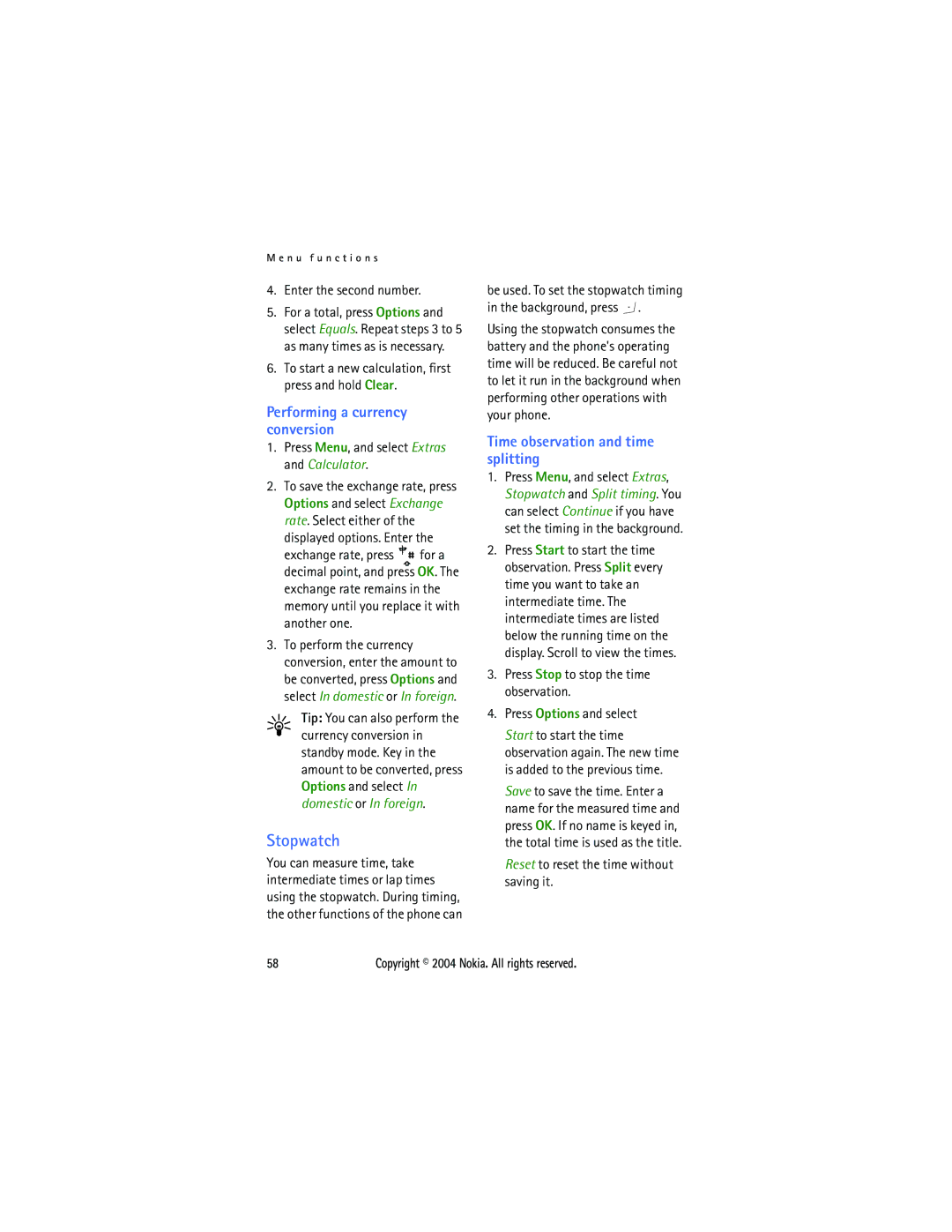 Nokia 3108 manual Stopwatch, Time observation and time splitting, Performing a currency conversion 