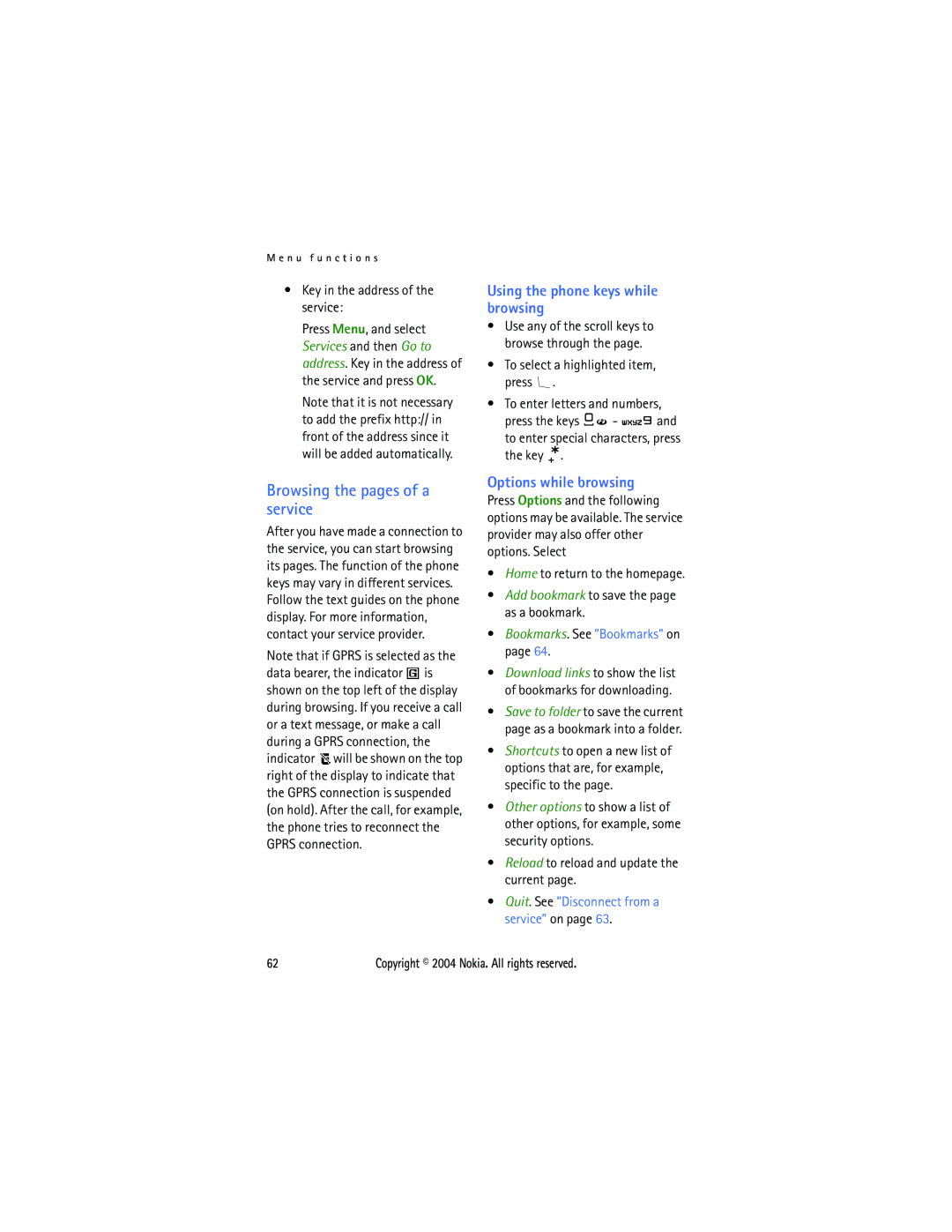 Nokia 3108 manual Browsing the pages of a service, Using the phone keys while browsing, Options while browsing 