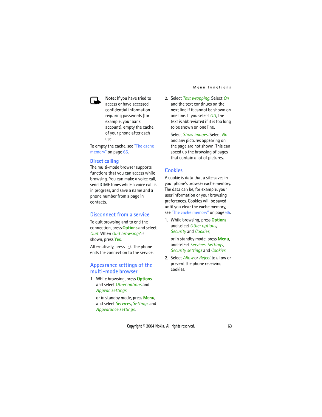 Nokia 3108 manual Disconnect from a service, Cookies, Direct calling, Appearance settings of the multi-mode browser 